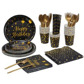 201PCS Black Gold Birthday Party Supplies For 25 Guests Happy Birthday Disposable Dinnerware Set Paper Plates 9OZ Cups Straws Napkins Forks Knive