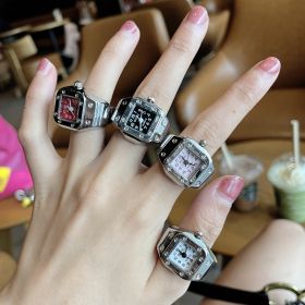 Mini Finger Ring Watch Square Quartz Easy Reader Watch Alloy Case Watch 4 Colors Valentine's Day Gift For Her (Color: Black, size: 2 pc)