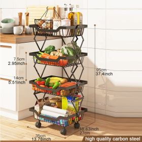 Foldable storage trolley with wheels, home storage basket, removable fruit and vegetable storage basket (Color: Black)